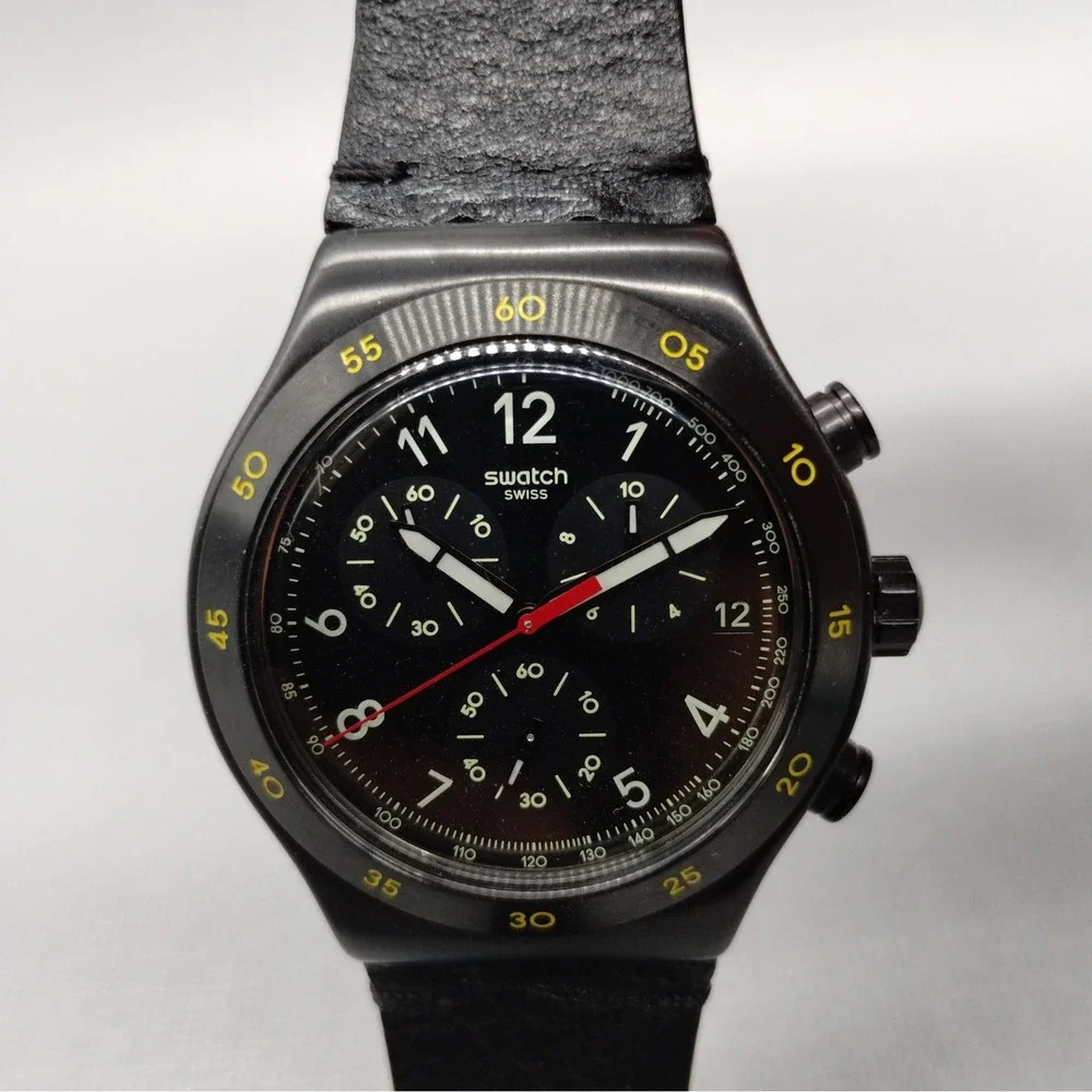 Swatch Core Vidi Black Leather Chronograph Watch 43mm YVB410‎